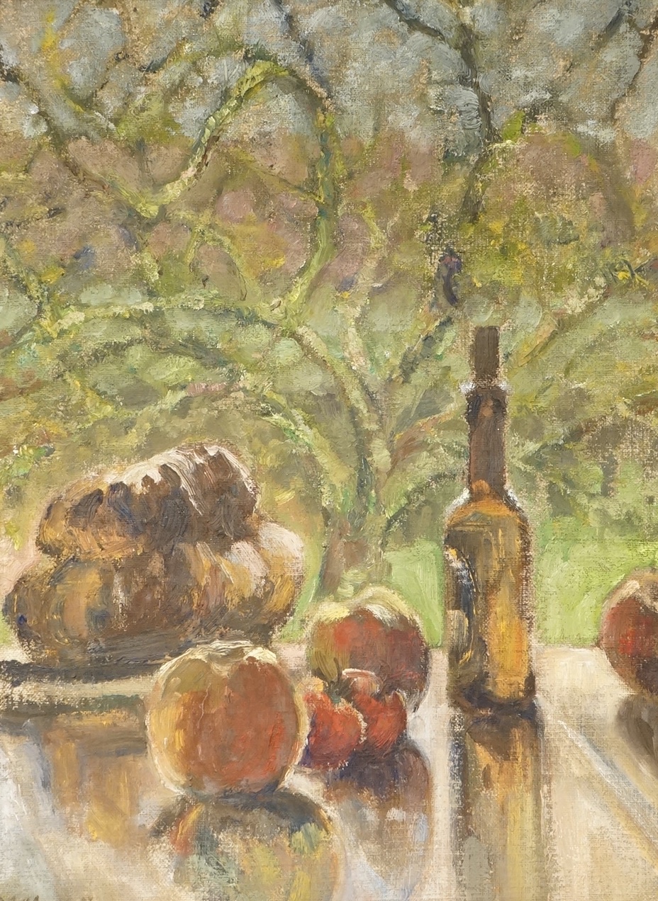 Pamela Howell (local artist), Still life of fruit and vessels, signed lower left, partially obscured by the frame, label verso, oil on board, 43 x 32cm